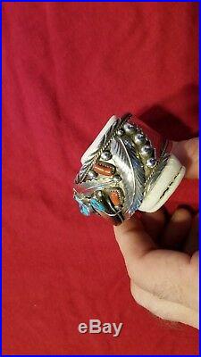 NAVAJO SILVER TURQUOISE CORAL & FAUX BEAR CLAW CUFF BRACELET + free shipping