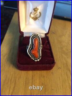 NAVAJO STERLING SILVER RED CORAL CAB OLD PAWN IMMACULATE RING SIZE 9 1/4 8.7 g