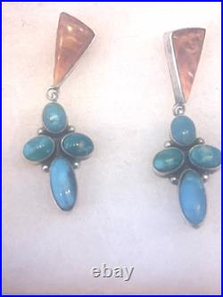 NAVAJO STERLING SILVER TURQUOISE OYSTER NATIVE AMERICAN INDIAN EARRINGS C. Wylle