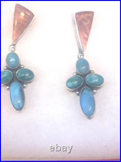 NAVAJO STERLING SILVER TURQUOISE OYSTER NATIVE AMERICAN INDIAN EARRINGS C. Wylle