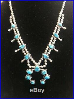 NAVAJO STERLING SILVER & TURQUOISE SQUASH BLOSSOM NECKLACE signed