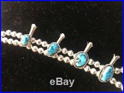 NAVAJO STERLING SILVER & TURQUOISE SQUASH BLOSSOM NECKLACE signed