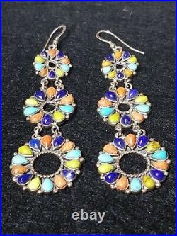 NAVAJO Sterling Silver MULTICOLOR STONES EARRINGS 25.1 gr RARE TO FIND! Gorgeous
