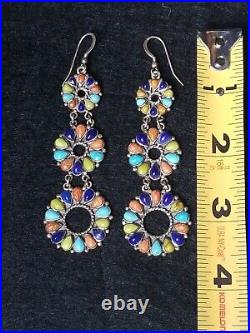 NAVAJO Sterling Silver MULTICOLOR STONES EARRINGS 25.1 gr RARE TO FIND! Gorgeous
