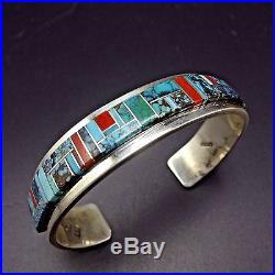 NEW Signed NAVAJO Sterling Silver & TURQUOISE Channel Inlay Cuff BRACELET