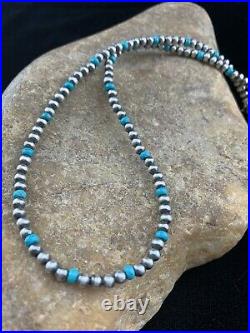 Native Amer Navajo Pearls 4mm Sterling Silver Blue Turquoise Bead Necklace 16