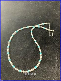 Native Amer Navajo Pearls 4mm Sterling Silver Blue Turquoise Bead Necklace 16