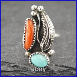 Native American Coral Turquoise Sterling Silver Ring Size 5.5