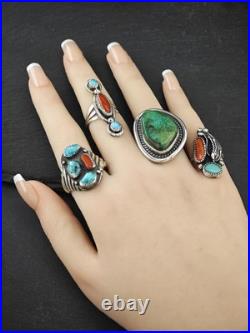 Native American Coral Turquoise Sterling Silver Ring Size 5.5