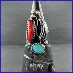 Native American Coral Turquoise Sterling Silver Ring Size 5.5
