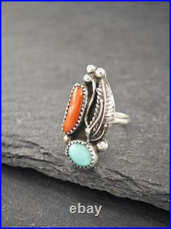 Native American Coral Turquoise Sterling Silver Ring Size 5.5