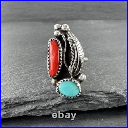 Native American Coral Turquoise Sterling Silver Ring Size 5.5