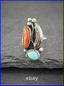 Native American Coral Turquoise Sterling Silver Ring Size 5.5
