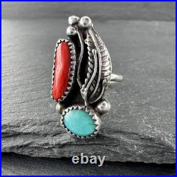 Native American Coral Turquoise Sterling Silver Ring Size 5.5