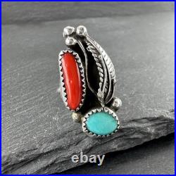 Native American Coral Turquoise Sterling Silver Ring Size 5.5