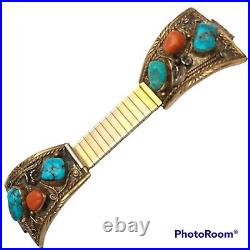 Native American Damon & Marie Thompson Sterling Silver Turquoise Coral WatchBand