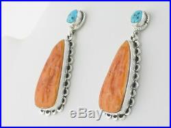 Native American Handmade Spiny Orange Oyster and Turquoise Post / Drop Earrings