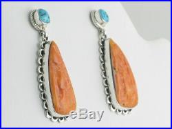 Native American Handmade Spiny Orange Oyster and Turquoise Post / Drop Earrings