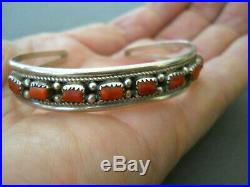 Native American Indian Navajo Coral Sterling Silver Row Cuff Bracelet Signed D
