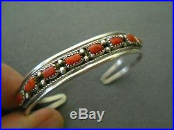 Native American Indian Navajo Coral Sterling Silver Row Cuff Bracelet Signed D