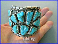 Native American Indian Turquoise Cluster Sterling Silver Cuff Bracelet Signed