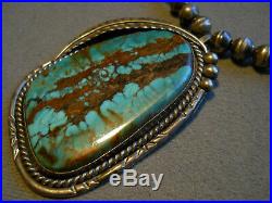 Native American Indian Turquoise Sterling Silver Bead Necklace Signed JOSEPHINE