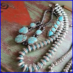 Native American Jewelry sterling silver big saucer Navajo pearls with turquoise