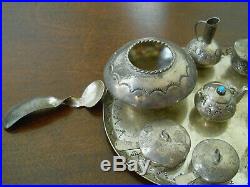 Native American Miniature Turquoise Sterling Silver Cookware Coffee Tea Set EMW
