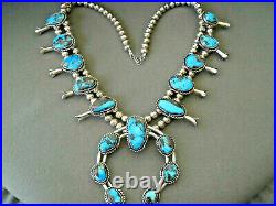 Native American Morenci Bisbee Turquoise Sterling Silver Squash Blossom Necklace
