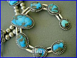 Native American Morenci Bisbee Turquoise Sterling Silver Squash Blossom Necklace