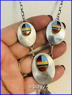 Native American Navajo 3 Piece Multi Inlay Feather Sterling Silver Necklace