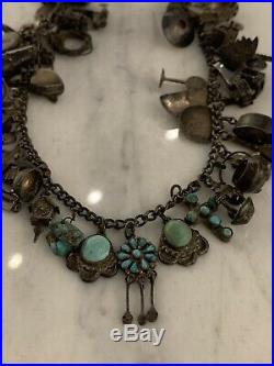 Native American Navajo Charm Necklace 1940s Sterling Turquoise Pawn Silver Fobs