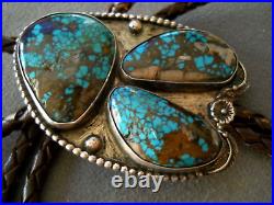 Native American Navajo Gem Webbed Turquoise Sterling Silver Bear Bolo Tie 2.4