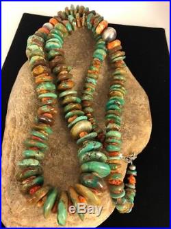 Native American Navajo Green Turquoise Sterling Silver Spiny Necklace 32 Rare