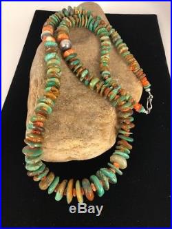 Native American Navajo Green Turquoise Sterling Silver Spiny Necklace 32 Rare