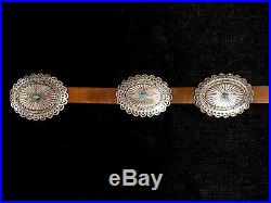 Native American Navajo HUGE Sterling Silver &Turquoise Conchos Leather Belt