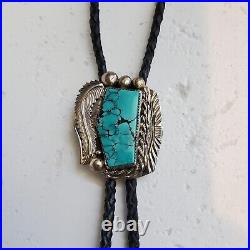 Native American Navajo Jewelry Sterling Silver Turquoise Bolo Tie Stamped Ron G