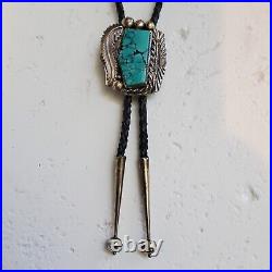 Native American Navajo Jewelry Sterling Silver Turquoise Bolo Tie Stamped Ron G