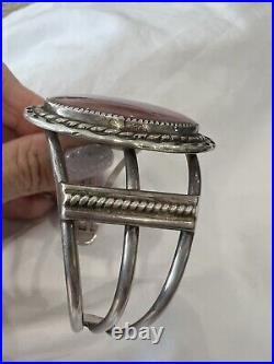 Native American Navajo Leonard Notah Rhodochrosite Sterling Silver Cuff Bracelet