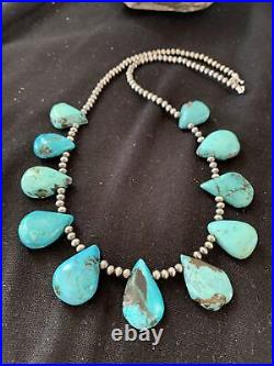 Native American Navajo Pearls Sterling Silver Blue Turquoise Necklace 942