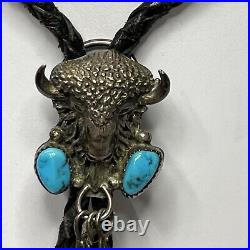 Native American Navajo Signed LL Sterling Silver Turquoise Vintage Bolo Tie