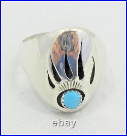 Native American Navajo Signed Sterling Silver Turquoise Bear Paw Ring Size 14.5