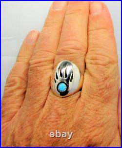 Native American Navajo Signed Sterling Silver Turquoise Bear Paw Ring Size 14.5