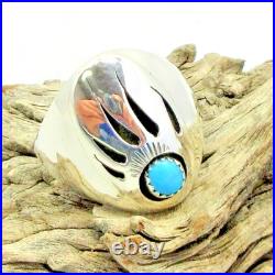 Native American Navajo Signed Sterling Silver Turquoise Bear Paw Ring Size 14.5