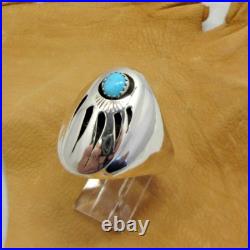 Native American Navajo Signed Sterling Silver Turquoise Bear Paw Ring Size 14.5