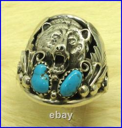 Native American Navajo Signed Sterling Silver Turquoise Bear Ring Size 14 #20
