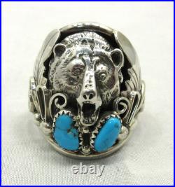 Native American Navajo Signed Sterling Silver Turquoise Bear Ring Size 14 #20
