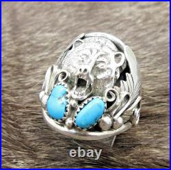Native American Navajo Signed Sterling Silver Turquoise Bear Ring Size 14 #20