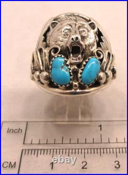 Native American Navajo Signed Sterling Silver Turquoise Bear Ring Size 14 #20