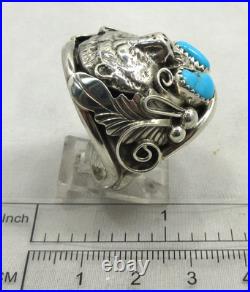 Native American Navajo Signed Sterling Silver Turquoise Bear Ring Size 14 #20